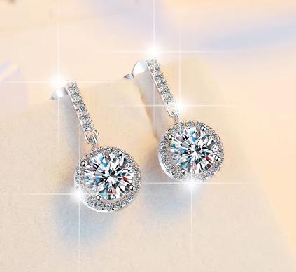925 Sterling Silver Moissanite Round Halo Hook Drop Earrings