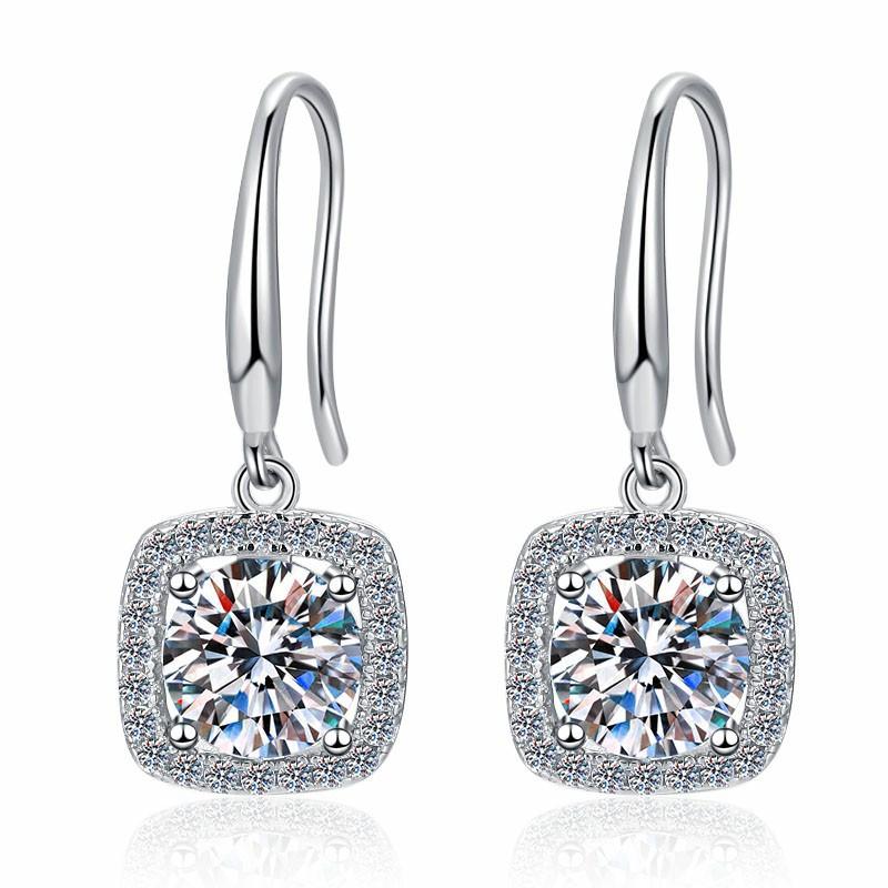 Sterling Silver Moissanite Cushion Hook Drop Earrings, front view
