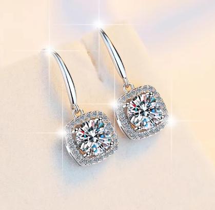 Sterling Silver Moissanite Cushion Hook Drop Earrings, detail view 2