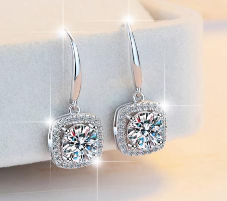 Sterling Silver Moissanite Cushion Hook Drop Earrings, detail view 1
