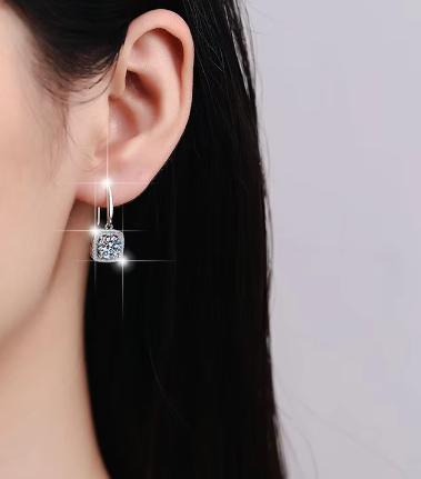Sterling Silver Moissanite Cushion Hook Drop Earrings, detail view 3