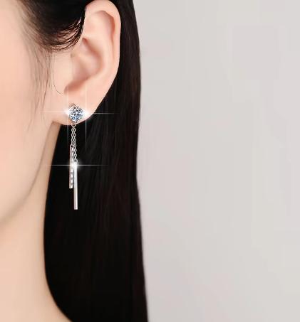 Sterling Silver Moissanite Chain Solitaire Drop Earrings, detail view 5