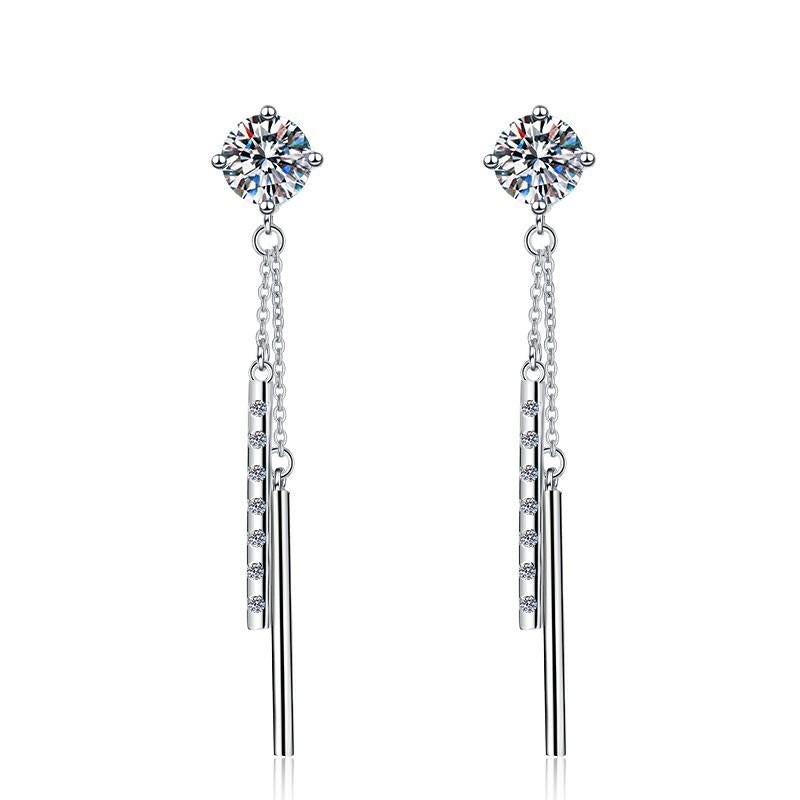 Sterling Silver Moissanite Chain Solitaire Drop Earrings, front view
