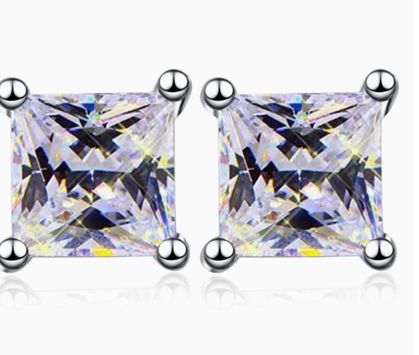 Sterling Silver Moissanite Square Solitaire Stud Earrings, front view