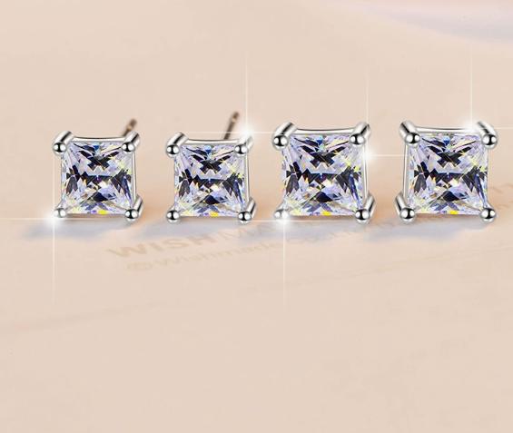 Sterling Silver Moissanite Square Solitaire Stud Earrings, detail view 2