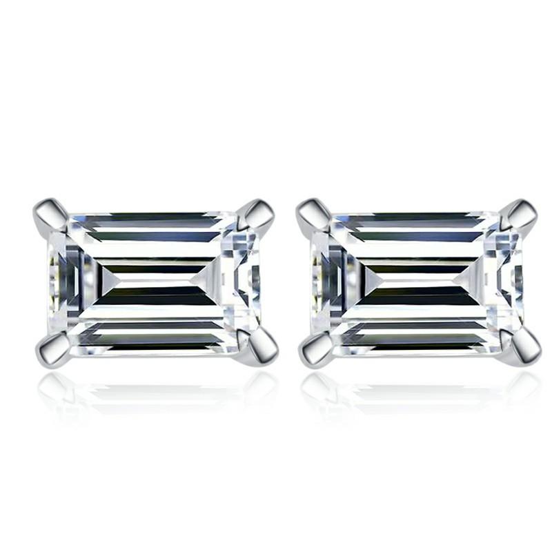 Sterling Silver Moissanite Emerald Solitaire Stud Earrings, front view