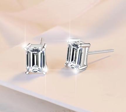 Sterling Silver Moissanite Emerald Solitaire Stud Earrings, detail view 1