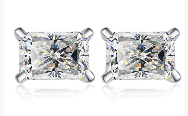 Sterling Silver Moissanite Radiant Solitaire Stud Earrings, front view
