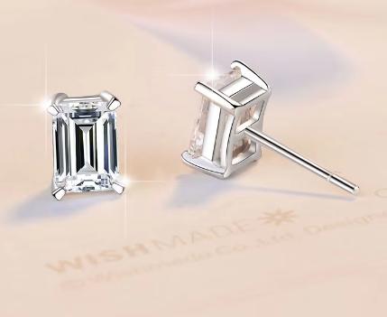 Sterling Silver Moissanite Emerald Solitaire Stud Earrings, detail view 2
