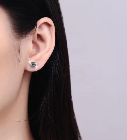 Sterling Silver Moissanite Emerald Solitaire Stud Earrings, detail view 3