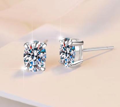 Sterling Silver Moissanite Oval Solitaire Stud Earrings, detail view 2