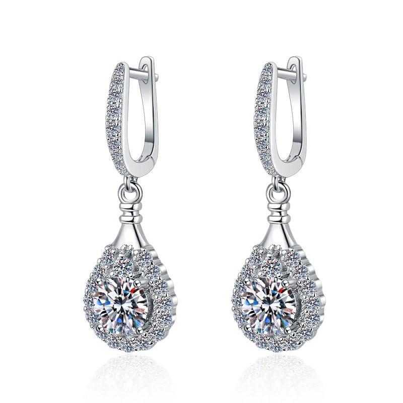 Sterling Silver Moissanite Pear Solitaire Hook Drop Earrings, front view