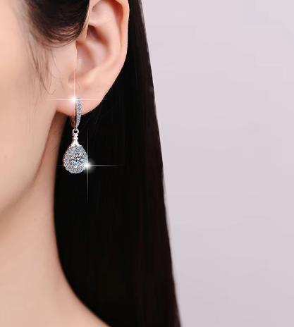 Sterling Silver Moissanite Pear Solitaire Hook Drop Earrings, detail view 3