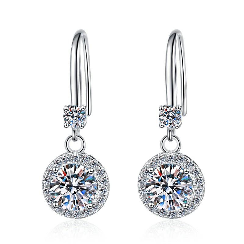 Sterling Silver Moissanite Round Solitaire Hook Drop Earrings, front view