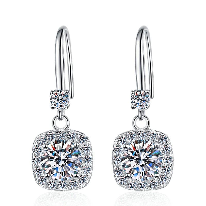 Sterling Silver Moissanite Square Halo Hook Drop Earrings, front view
