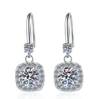 Sterling Silver Moissanite Square Halo Hook Drop Earrings, front view