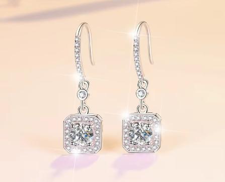 Sterling Silver Moissanite Square Halo Hook Drop Earrings, detail view 2