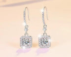 Sterling Silver Moissanite Square Halo Hook Drop Earrings, detail view 2