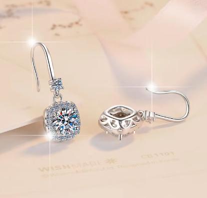 Sterling Silver Moissanite Square Halo Hook Drop Earrings, detail view 1