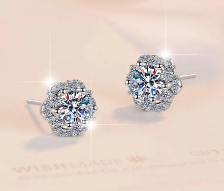 Sterling Silver Moissanite Flower Halo Stud Earrings, detail view 1