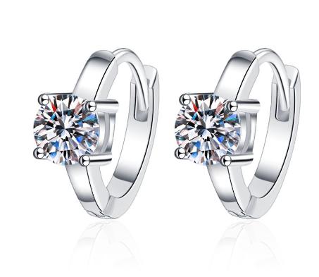 Round Solitaire Hinged Hoop Moissanite Earrings in Sterling Silver