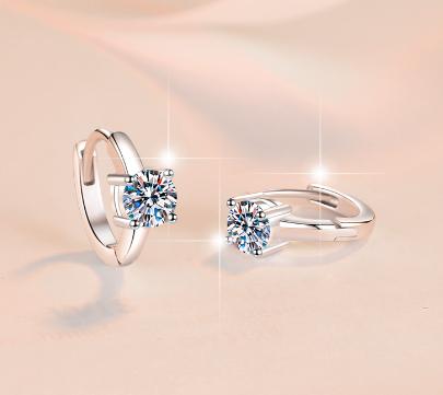 Round Solitaire Hinged Hoop Moissanite Earrings in Sterling Silver