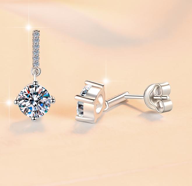 Round Solitaire Pavé Bar Drop Moissanite Earrings in Sterling Silver