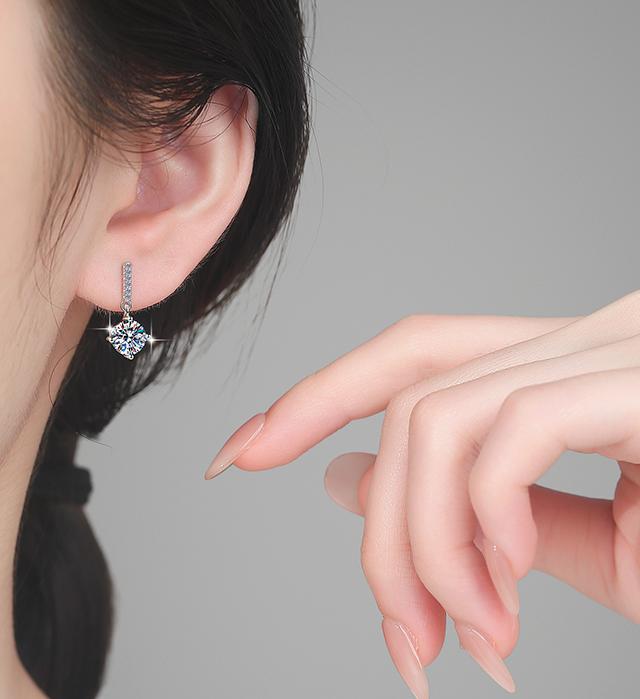 Round Solitaire Pavé Bar Drop Moissanite Earrings in Sterling Silver