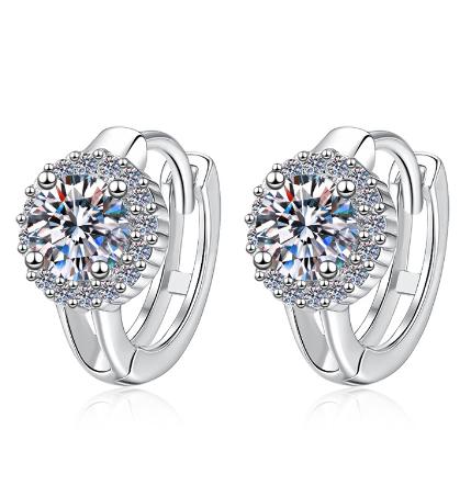 Round Halo Hinged Hoop Moissanite Earrings in Sterling Silver