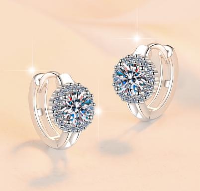 Round Halo Hinged Hoop Moissanite Earrings in Sterling Silver