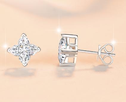 Princess Cut Four Point Stud Moissanite Earrings in Sterling Silver