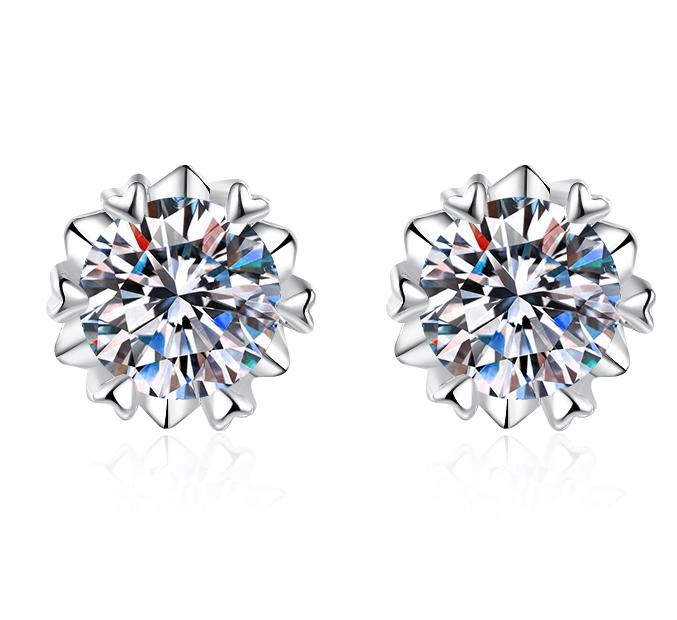 Round Solitaire Petal Stud Moissanite Earrings in Sterling Silver