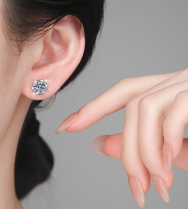 Round Solitaire Petal Stud Moissanite Earrings in Sterling Silver