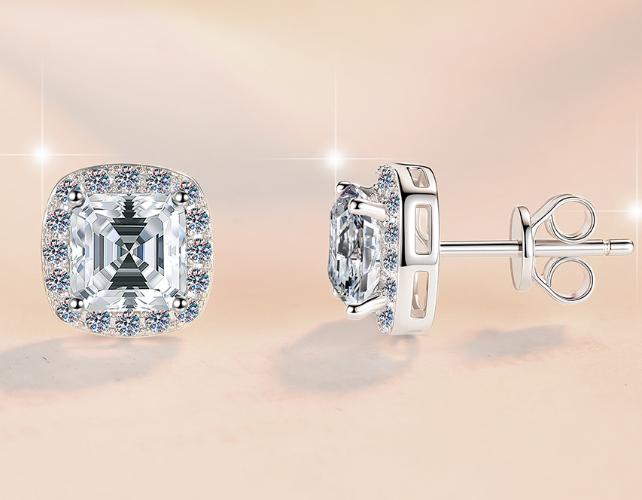 Asscher Cut Halo Stud Moissanite Earrings in 925 Sterling Silver