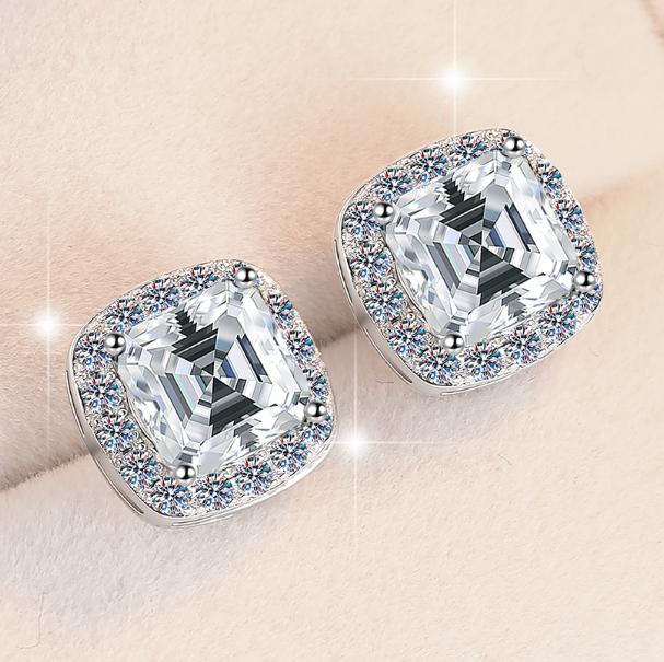 Asscher Cut Halo Stud Moissanite Earrings in Sterling Silver