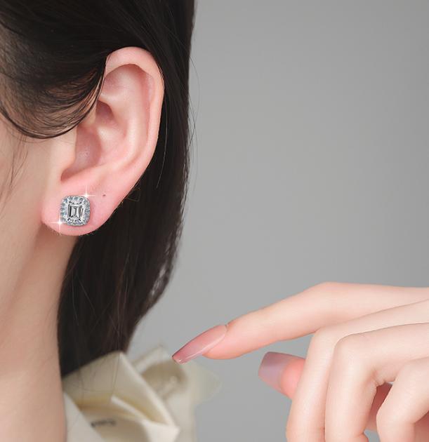Asscher Cut Halo Stud Moissanite Earrings in Sterling Silver