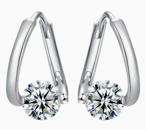 Round Solitaire Triangle Hoop Moissanite Earrings in Sterling Silver