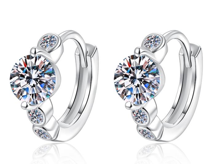 Round Solitaire Curved Hoop Moissanite Earrings in Sterling Silver