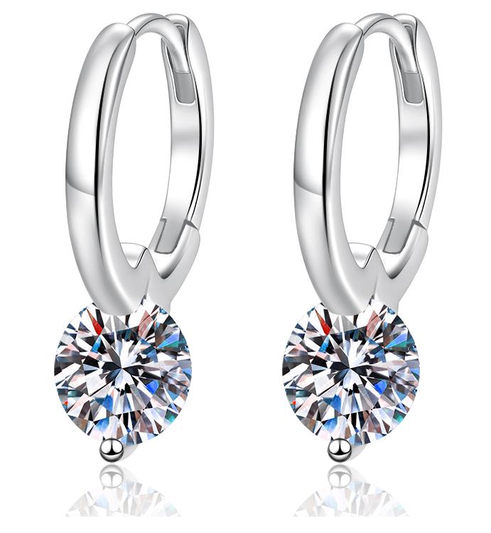 Round Solitaire Charm Hoop Moissanite Earrings in Sterling Silver