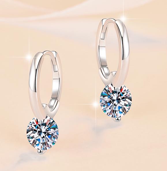 Round Solitaire Charm Hoop Moissanite Earrings in Sterling Silver