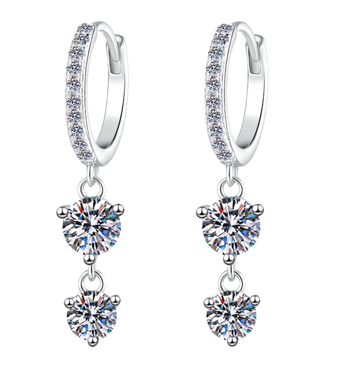 Double Heart Charm Hoop Moissanite Earrings in Sterling Silver