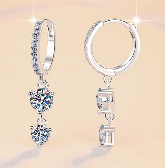 Double Heart Charm Hoop Moissanite Earrings in 925 Sterling Silver