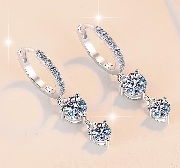 Double Heart Charm Hoop Moissanite Earrings in Sterling Silver