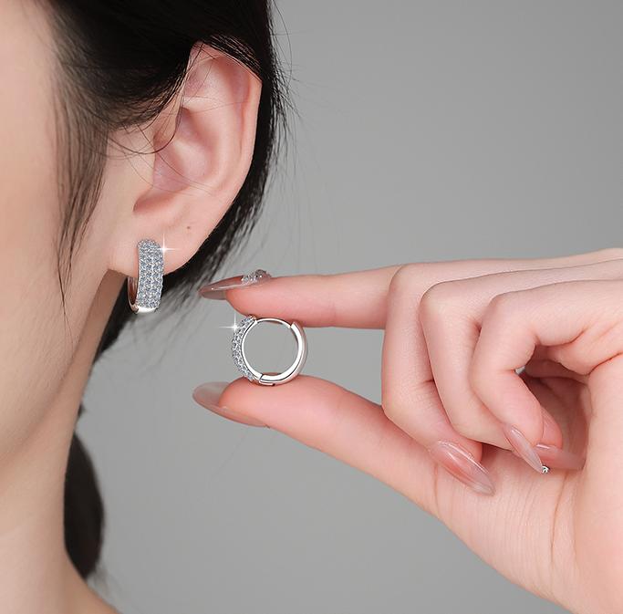 Wide Pavé Huggie Hoop Moissanite Earrings in Sterling Silver