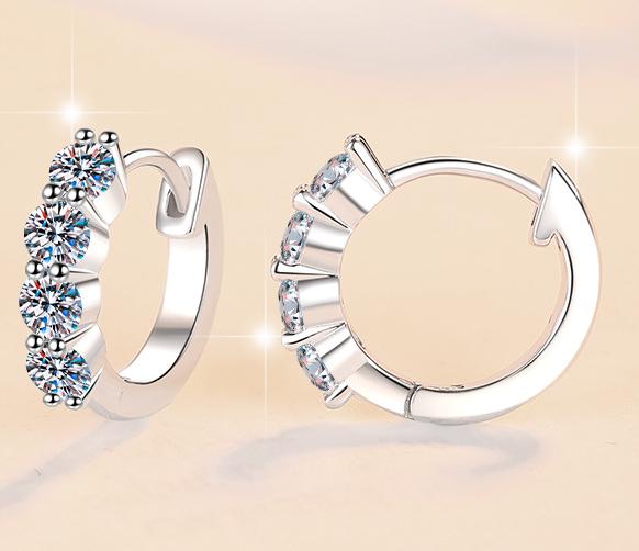 Triple Stone Hinged Hoop Moissanite Earrings in Sterling Silver