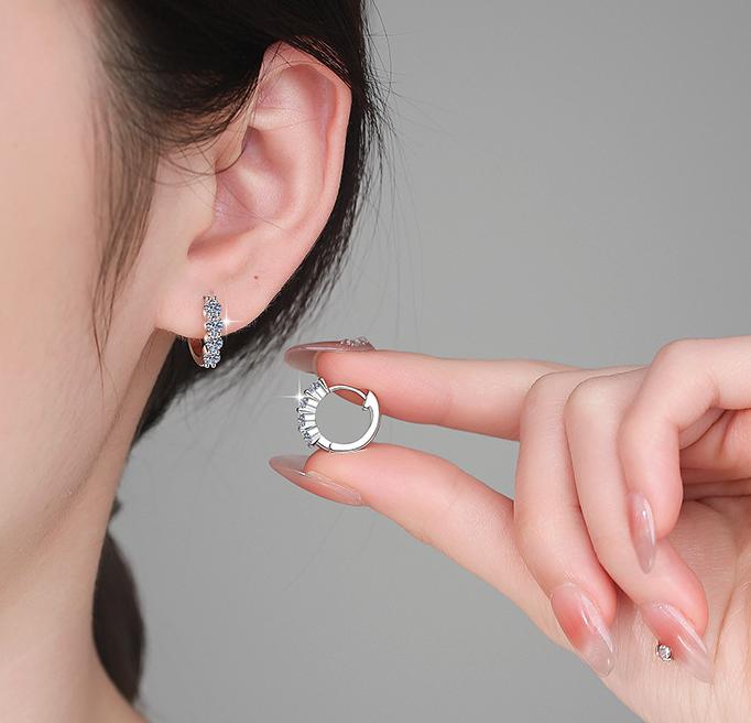 Triple Stone Hinged Hoop Moissanite Earrings in Sterling Silver