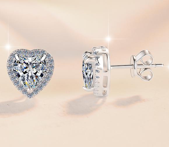 Heart Cut Pavé Halo Stud Moissanite Earrings in Sterling Silver