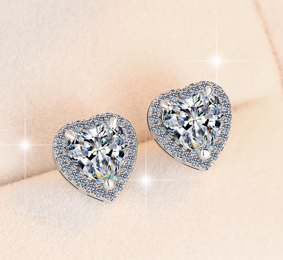 Heart Cut Pavé Halo Stud Moissanite Earrings in Sterling Silver