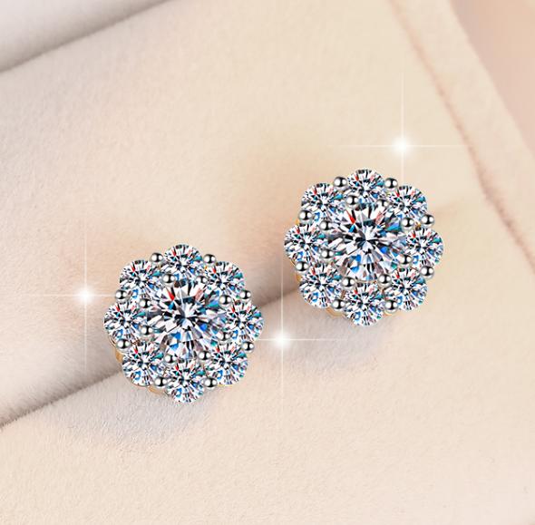 Round Flower Cluster Stud Moissanite Earrings in Sterling Silver