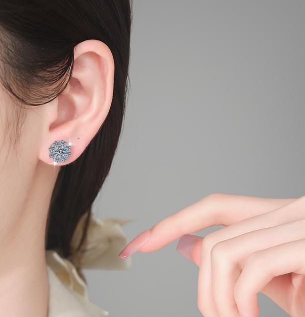 Round Flower Cluster Stud Moissanite Earrings in Sterling Silver